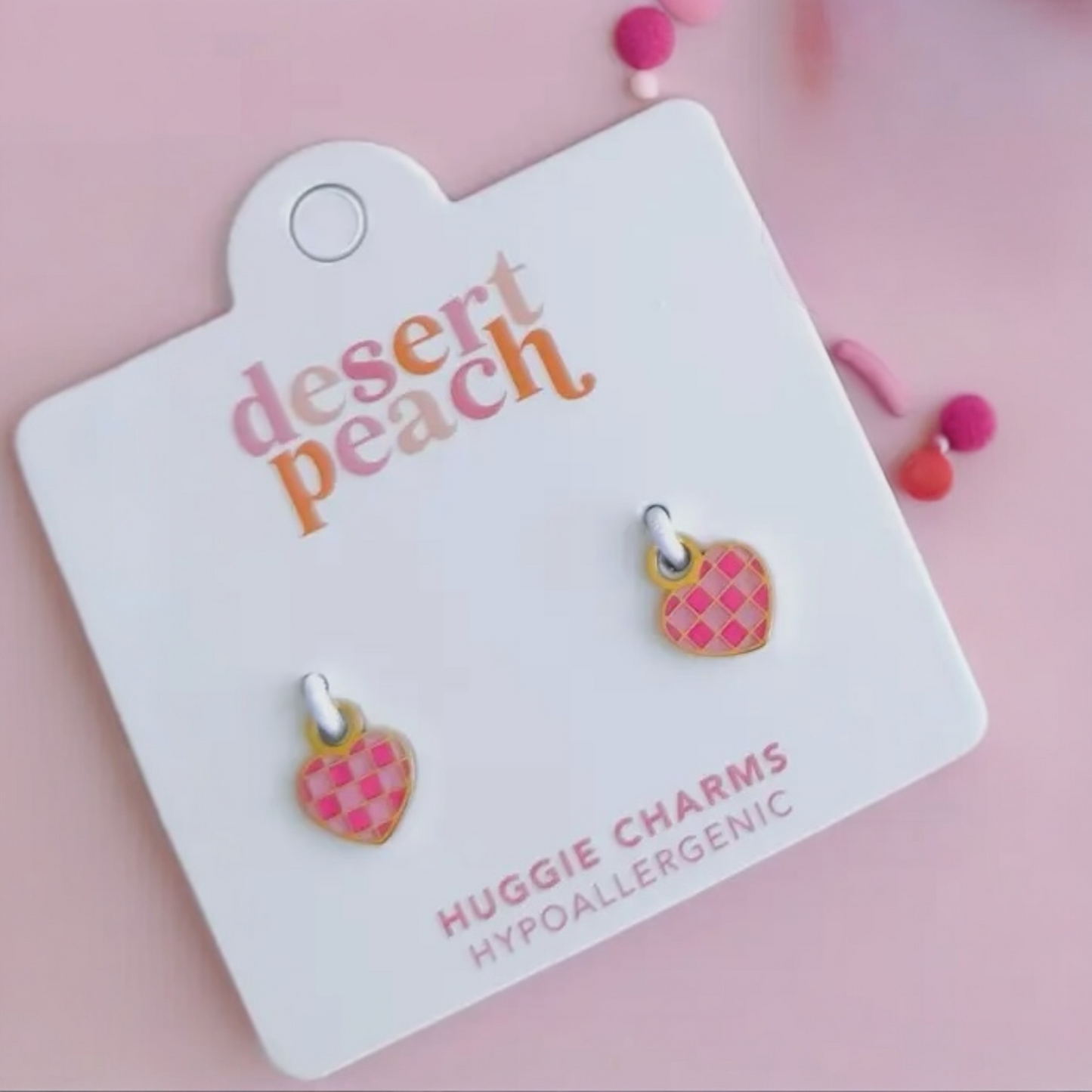 Pink Checkered Heart Huggie Charms