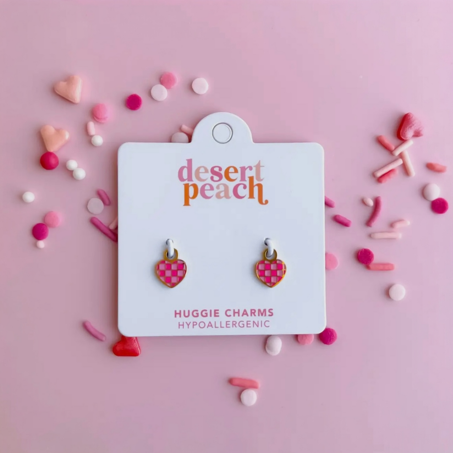 Pink Checkered Heart Huggie Charms