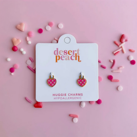 Pink Checkered Heart Huggie Charms