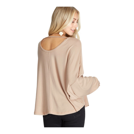 Bria Batwing Knit Top with Back Detail - Taupe